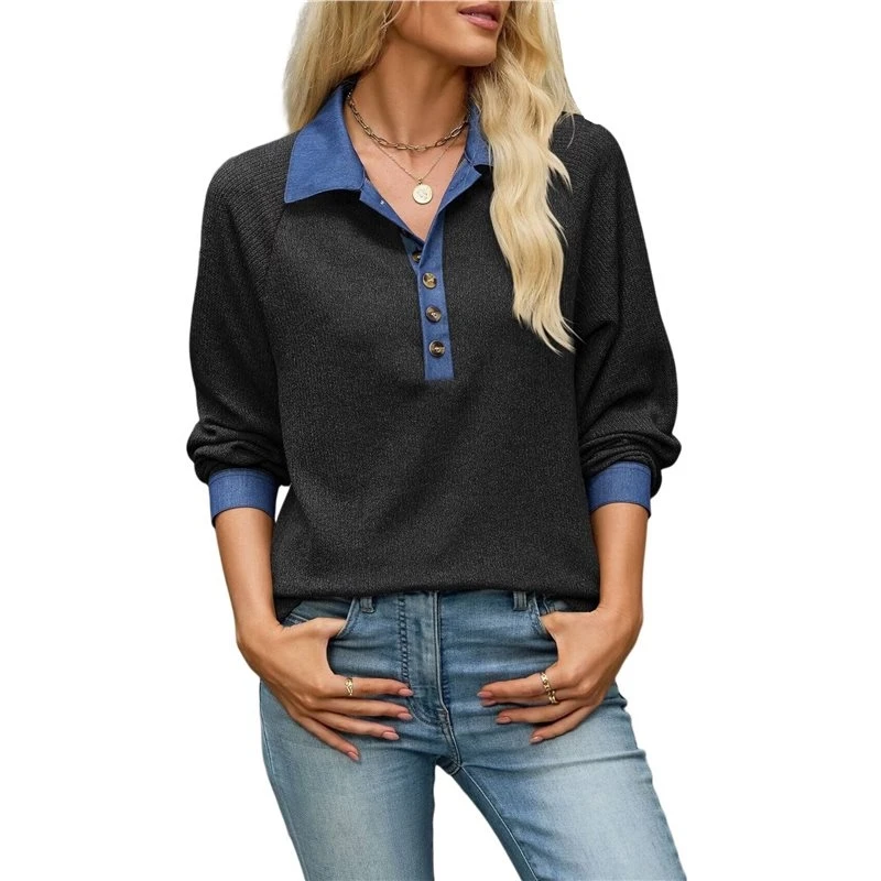 Women's Denim Contrast Collar Raglan Loose Long Sleeve Quarter Button Knit Top Black XL Eco-Friendly