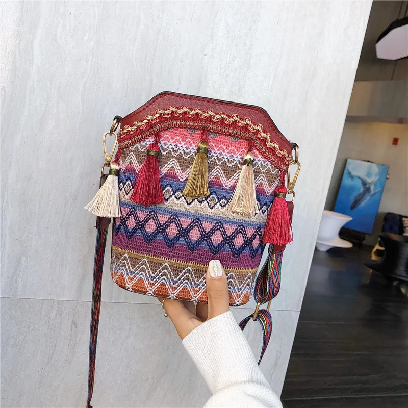 Boho Women\'s Bag  Vintage Tassel Ethnic Handwoven Crossbody Bucket Bag Hippie Sling Shoulder Bags Ladies Handbag сумка женская