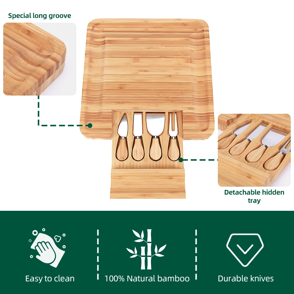 Bamboo Cheese Board Set Cheese Tray Charcuterie Board and Serving Meat Platter with 4 Stainless Steel Cheese Knives For Kitchen
