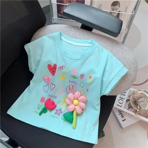 Vestito estivo a maniche corte per ragazze t-shirt a fiori tridimensionali per bambini 2022 t-shirt girocollo per bambine di nuovo stile