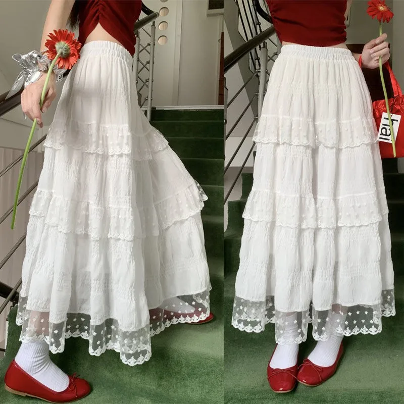 Women's White Tiered Cake Midi Skirt Elastic Waist Ruffle Lace Trim Maxi Skirt Mori Girl Countryside Garden Fairy Casual Outfits