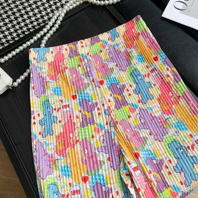 Cute Kawaii Cartoon Print pantaloni a gamba larga pieghettati donna Streetwear pantaloni larghi a gamba dritta Y2k abbigliamento primavera estate pantaloni