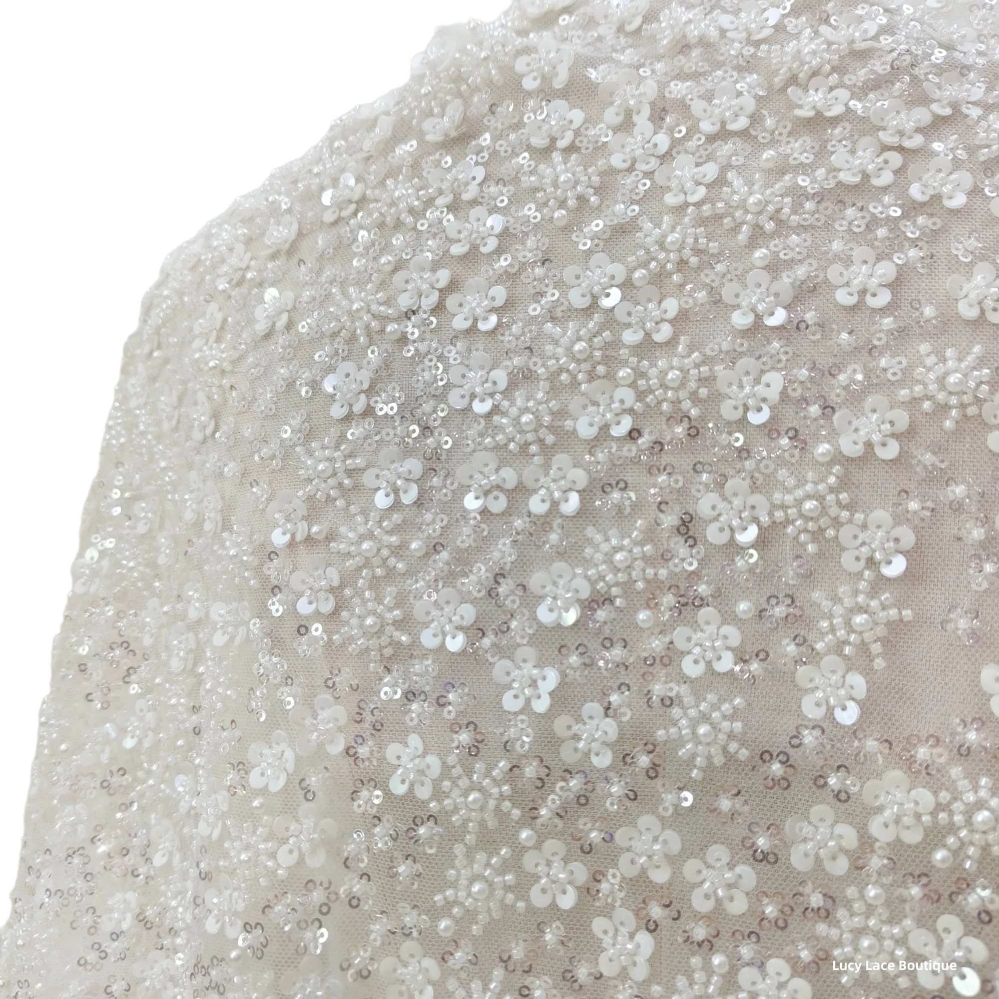 130CM Wide Luxury Lace Fabric Beads Sequins Embroidered Tulle Lace Off White 2023 NEW 1 Yard
