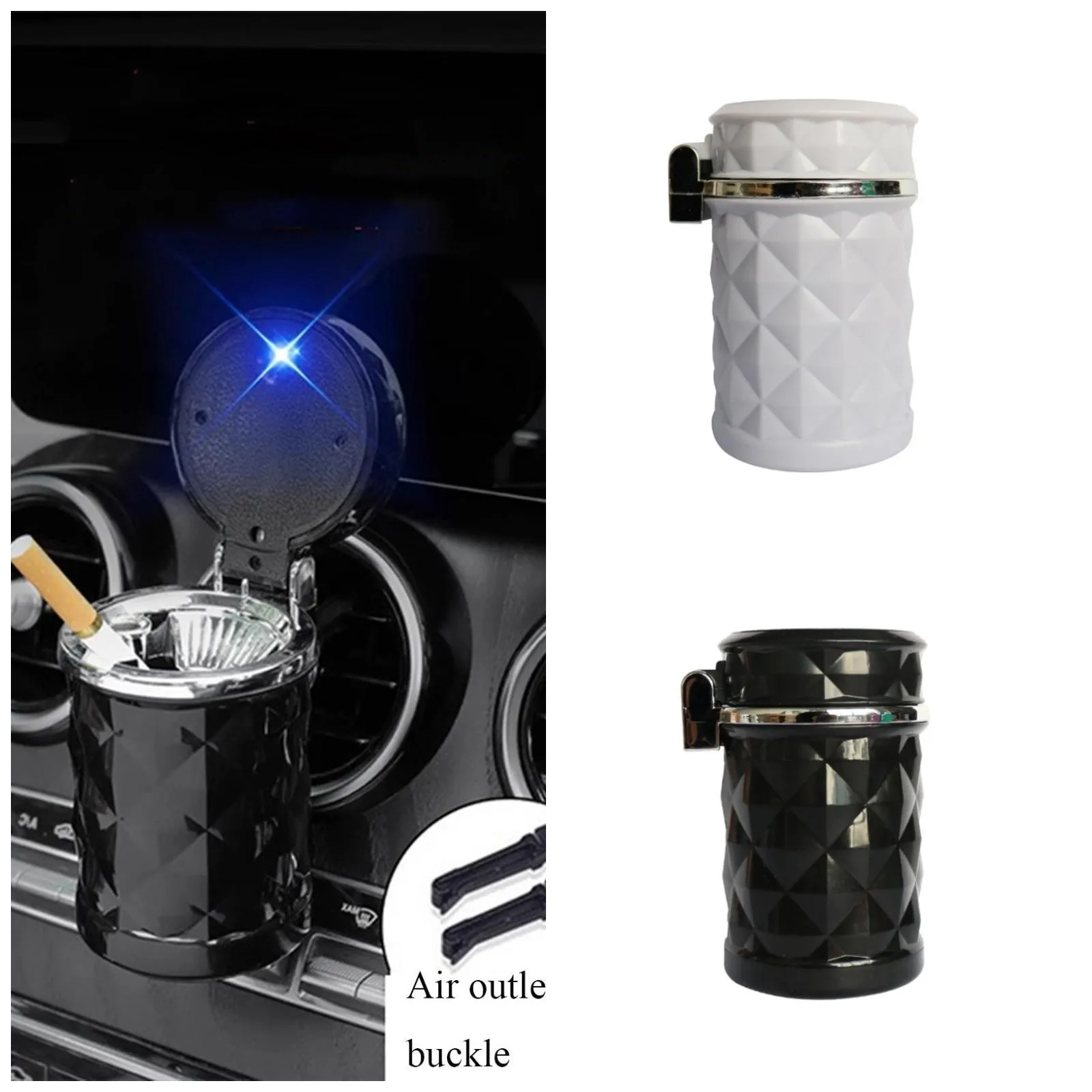 منفضة سجائر السيارة LED المقطوعة بالألماس - ملحق تلقائي مقاوم لدرجات الحرارة العالية مع ضوء متوهج لتوفير الدخان والرماد