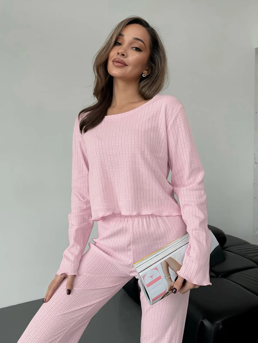 Marthaqiqi Casual Women'S Sleepwear Set Crop Top Pajamas Long Sleeve Nightie O-Neck Nightgowns Pants Loose Ladies Nightwear Suit