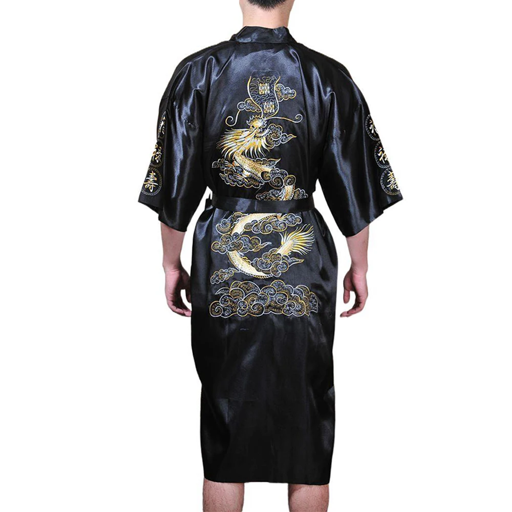 

Men Satin Chinese Dragon Embroidered Bathrobe Sleepwear Silk Kimono Bathrobe Pajamas Casual Loose Gown Bath Robe Nightwear