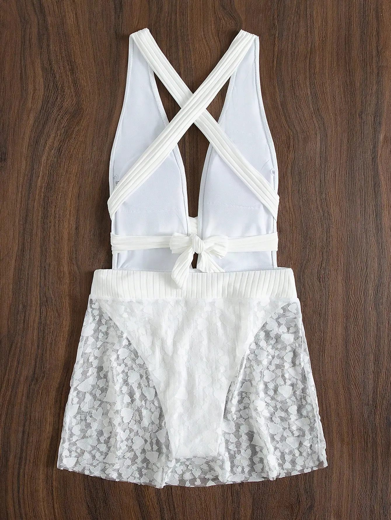 

White Criss Cross One Piece Swimsuit With Lace Beach Skirt