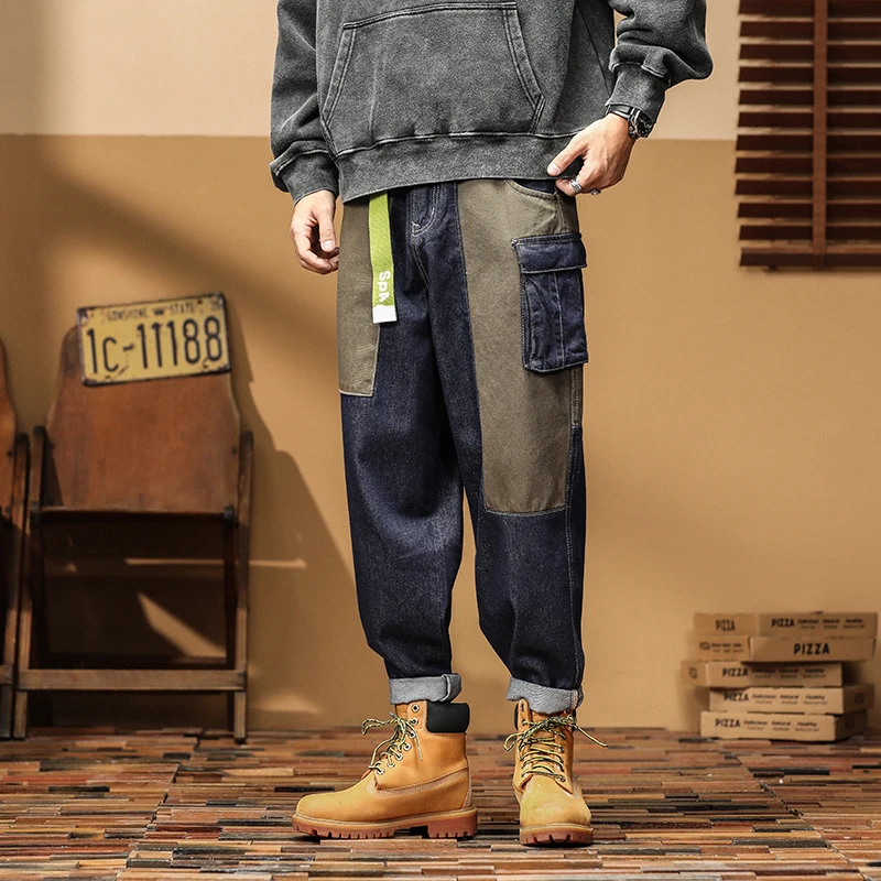 

Trendy Patchwork Loose Straight Leg Men's Jeans Design Sensation Autumn American Sle Heavyweight Casual Long Workwear Pants