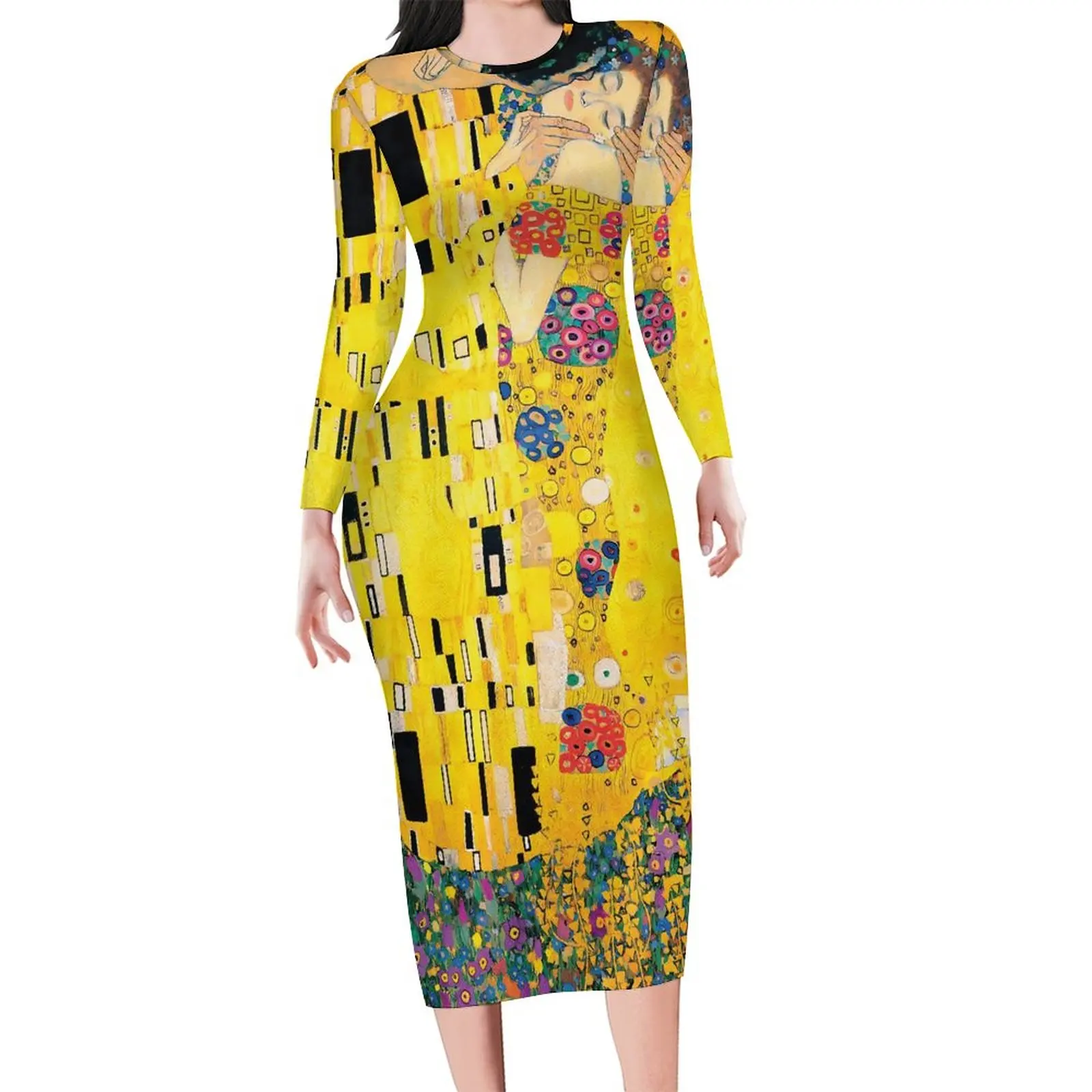 

Gustav Klimt Art Dress Long Sleeve The Kiss Club Dresses Spring Woman Aesthetic Custom Bodycon Dress Large Size 5XL 6XL