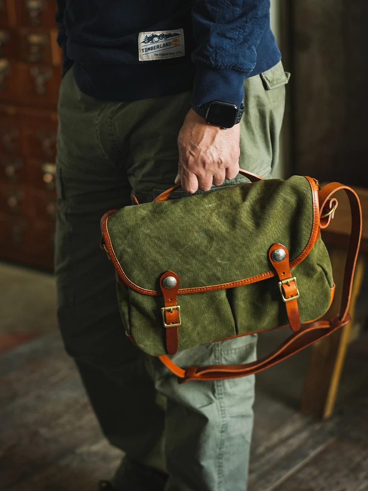 Fashion vintage casual luxury canvas first layer leather men's messenger bag business outdoor travel designer shoulder bag