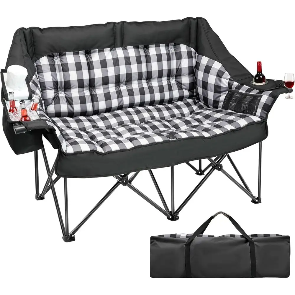 

Oversized Padded Double Camping Chair with Independent Seats, Cup and Wine Glass Holders, Cooler Bags, Side Pockets for Outdoor