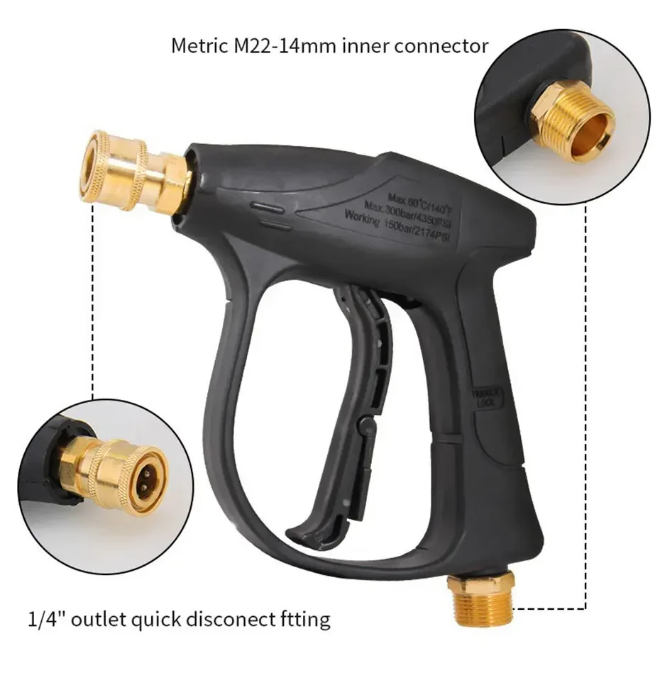 Quick-Connect 150Bar High Pressure Car Wash Gun, Aluminum Core with 5 Fan Nozzles