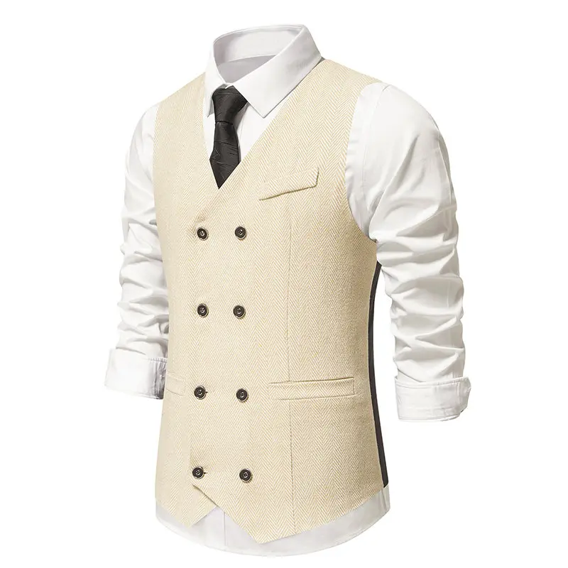 New Suit Vests Men Vintage Double Breasted Smart Casual Waistcoat Mens Sleeveless Formal Dress Wedding Slim V Neck Suit Vest