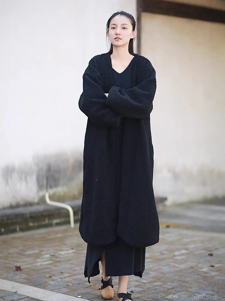 TIYIHAILEY الشتاء النساء ملابس خارجية معاطف فضفاضة طويلة منتصف العجل الصوف سترة دافئة خندق سميكة سترة سوداء مع جيوب زر واحد #1