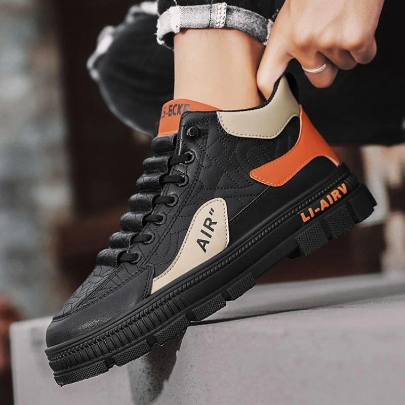 

2025 Spring Trendy Men's Mid Top Lace Up Skate Shoes Color Blocked Thick Sole Height Boosting Casual Work Sports Footwear