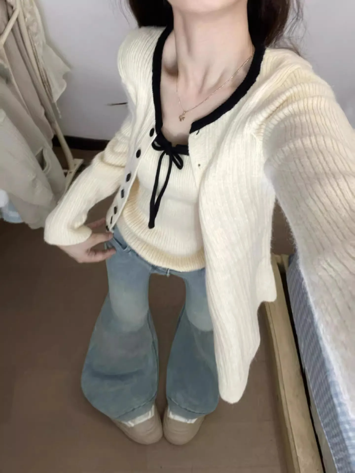 

Women's Knitted Cardigan with Strap Soft Cozy Outerwear Spring Autumn High School Junior High Students Big Kids V-Ne Long S...