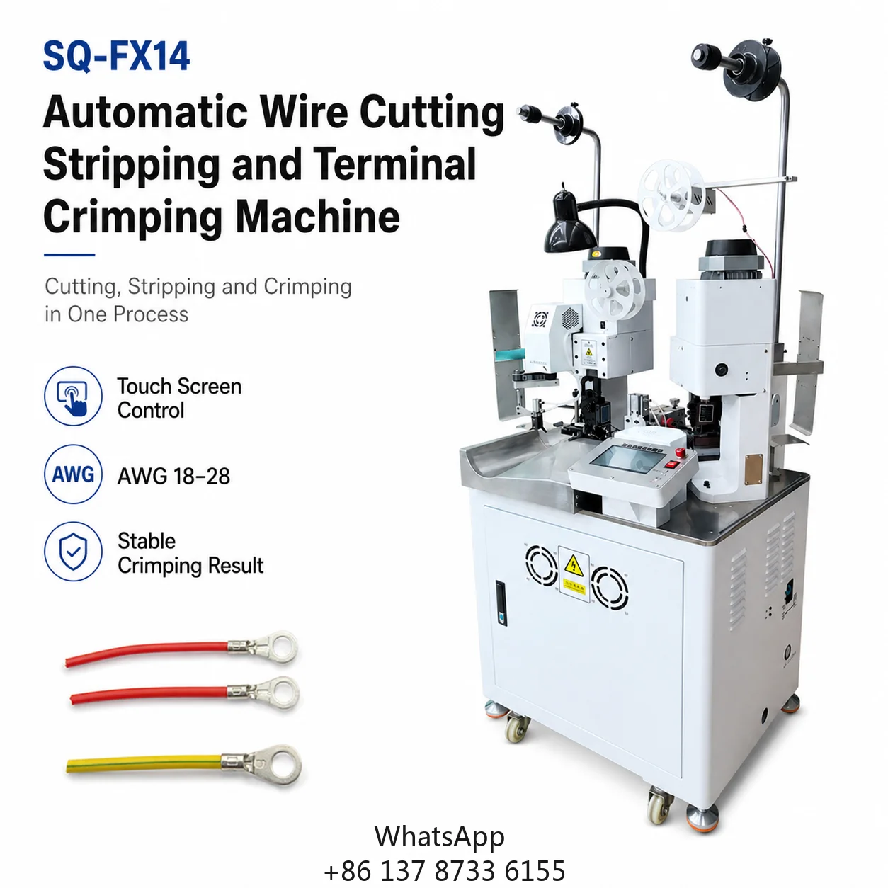 SQ-FX14 Fully Automatic Wire Cutting Stripping Crimping Machine 2.0T AWG18-28 6500 Pcs/h Touch Screen For Wire Harness