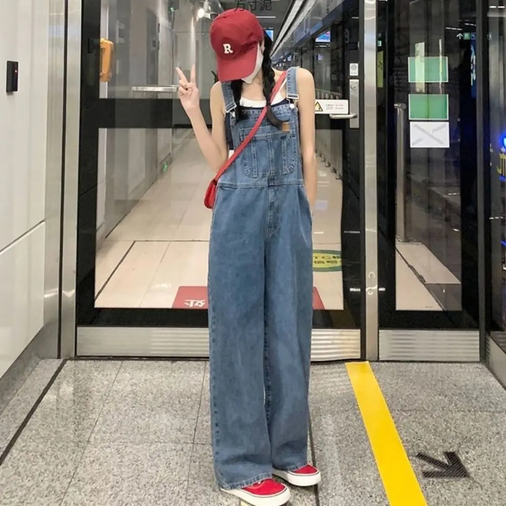 Celana panjang Jeans gaya Korea, jumpsuit Jeans pinggang tinggi tali lurus kaki lebar, celana panjang Jeans kasual longgar