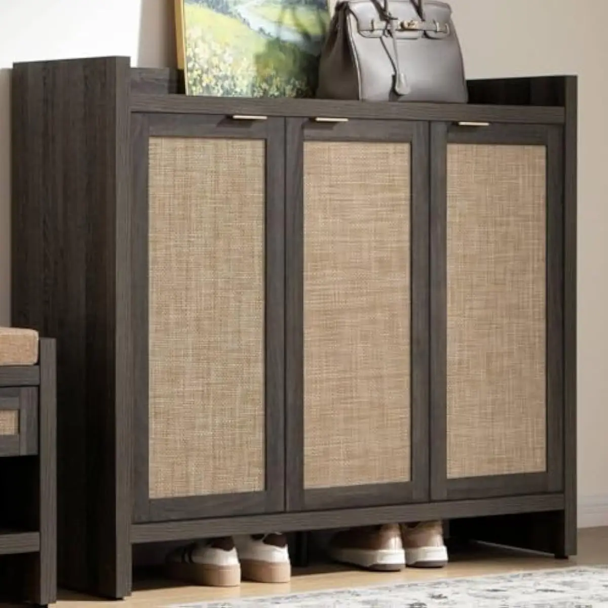 Rustic rattan shoe cabinet with six adjustable shelves and spacious top surface for keys wallets umbrellas ideal for entryway or