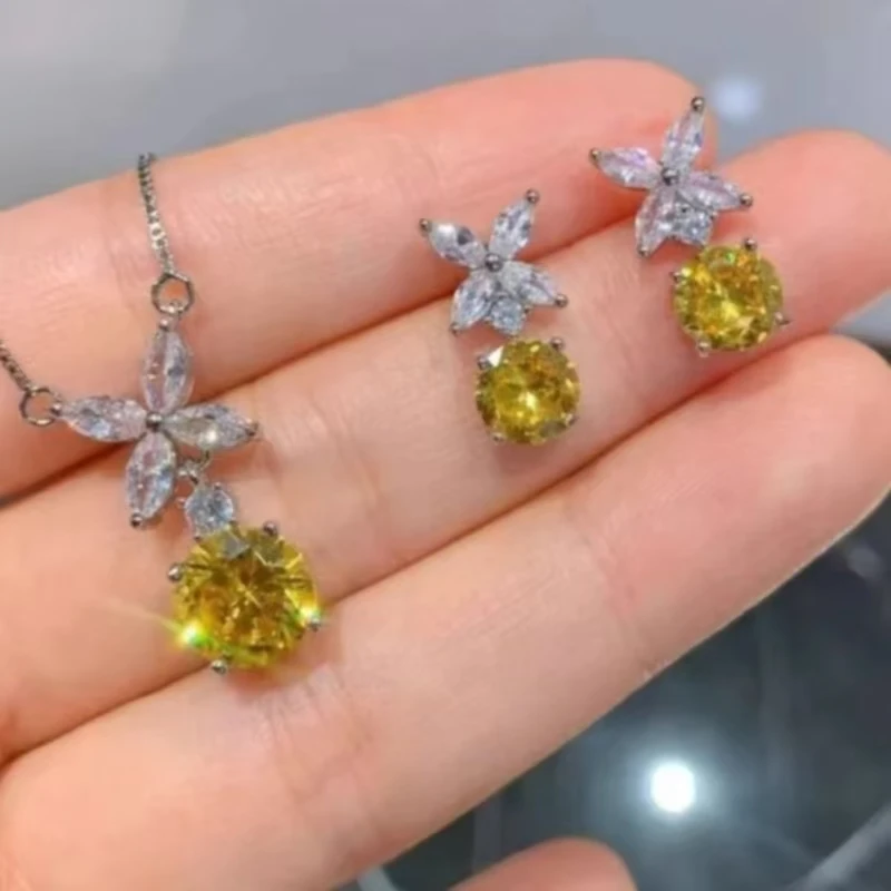 Fashionable Yellow Diamond Earring Ring Necklace Three Piece Set Elegant And Luxurious Yellow Y2K Jewelry Set