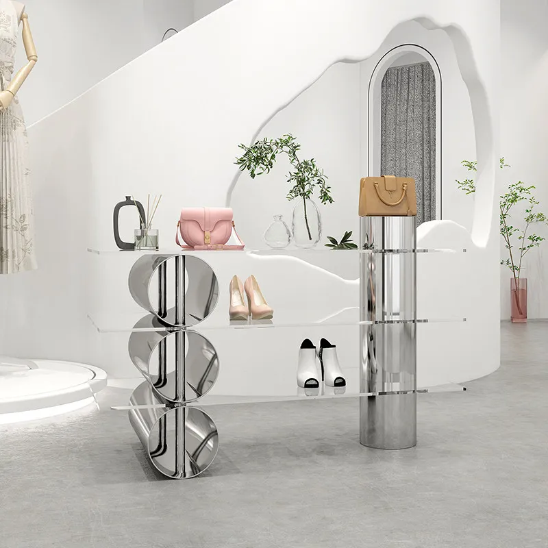 

Стойка-витрина для магазина одежды: Стойка-стол из нержавеющей стали и акрила для демонстрации простой женской одежды, обуви и сумок (платформа Zhongdao)