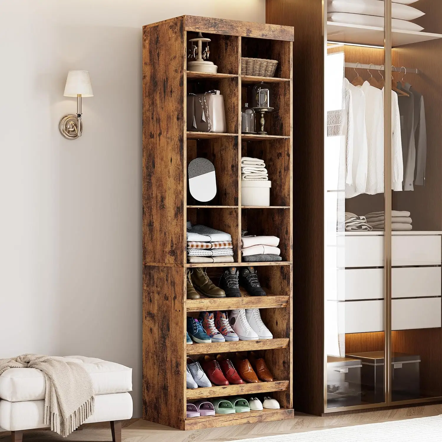 #Narrow Vintage Shoe Storage Cabinet with Shelves & Cubbies for Closet Bedroom Entryway Mudroom, Customized