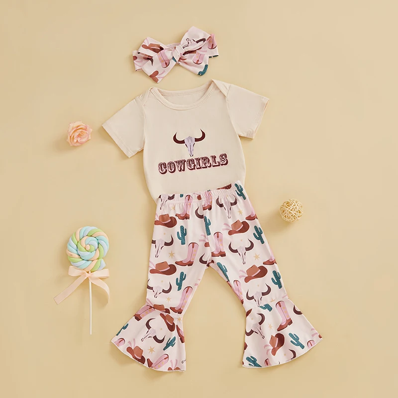 Baby Girls 3Pcs Pants Sets Short Sleeve Letter Print Romper Cattle Head Boots Cowgirl Hat Print Flared Pants Headband Sets