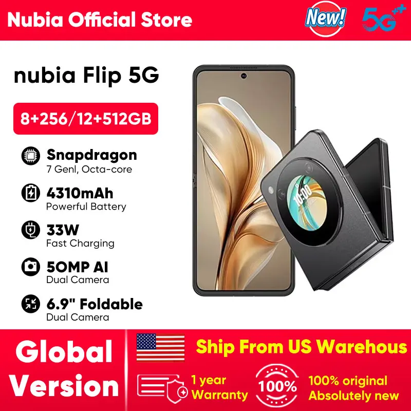 US Warehouse Nubia Flip 5G Smartphone 6.9” FHD+ 120Hz OLED Foldable Display Snapdragon 7 Gen1 33W Fast Charging 4310mAh Battery