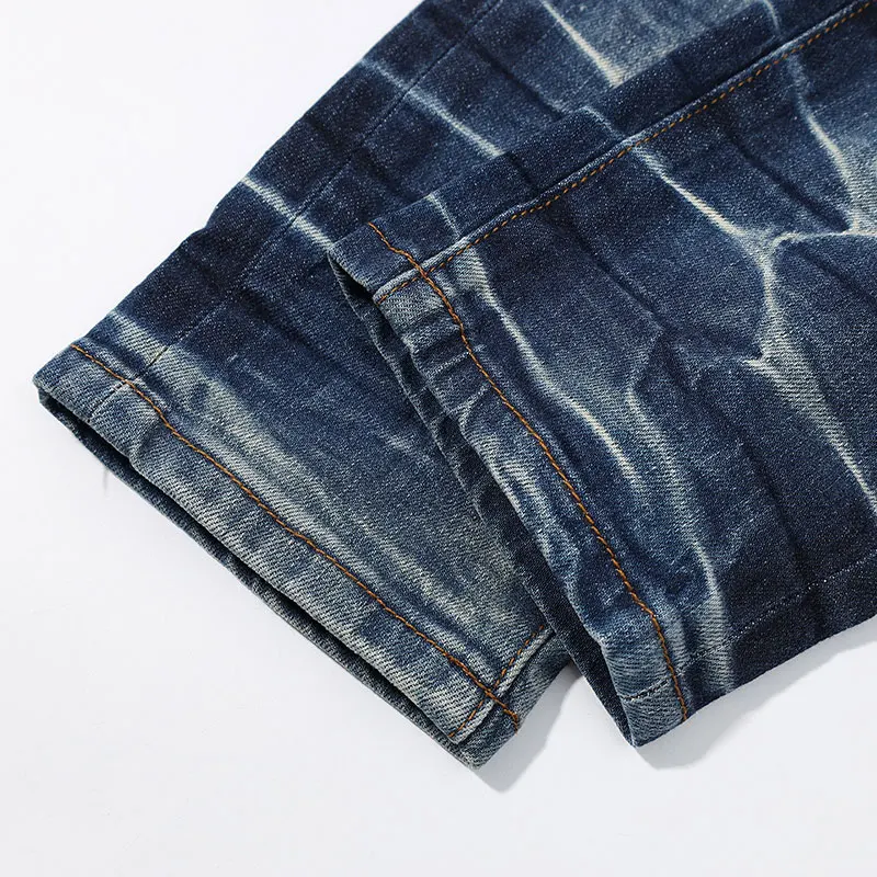 

New American fashion men's jeans with hole patch, light blue jeans, hip-hop brand elastic slim fit jeans Y2K