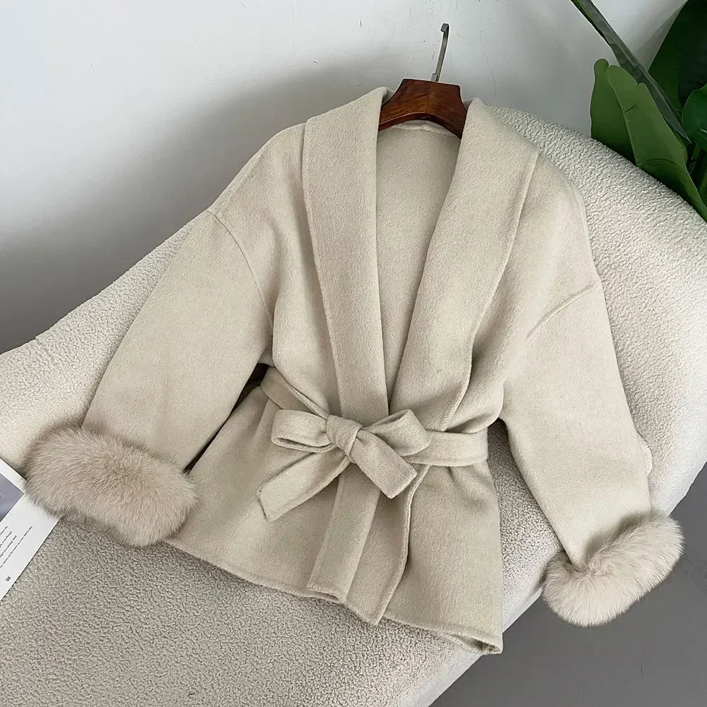 

Осень-зима, настоящая натуральная женская свободная теплая съемная куртка с манжетами из натурального лисьего меха, шерстяное пальто, модная офисная женская куртка