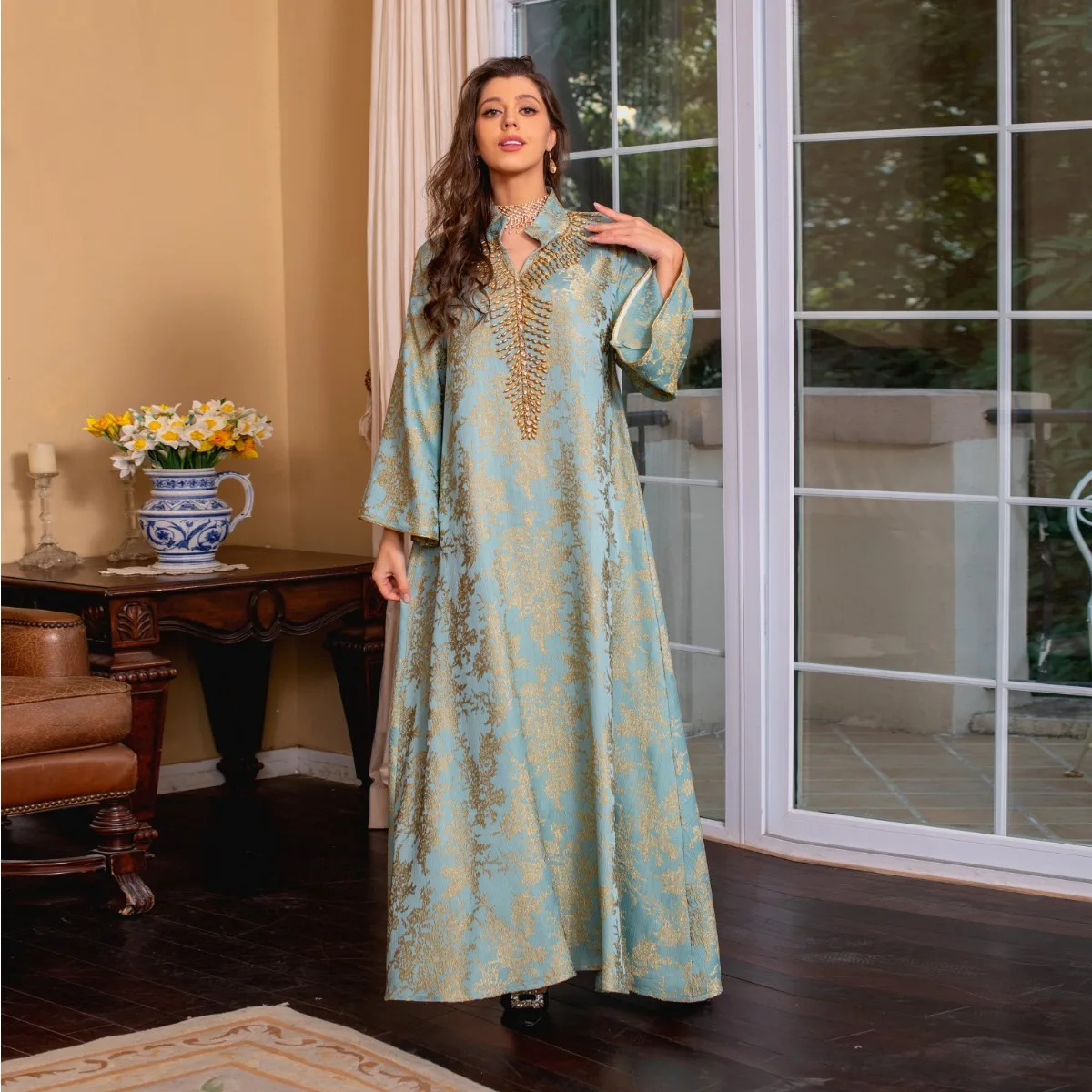 Ramadan Muslim Evening Gown Embroidery Beading Dresses Eid Fashion Casual Abaya Dubai Jalabiyat Gulf Bindalli for Women Robe New
