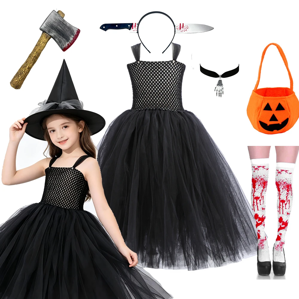 Halloween Girls Witch Costume Set Scary Tutu Dress with Knife Axe Socks Pumpkin Bag Kids Cosplay Outfit for Carnival Party