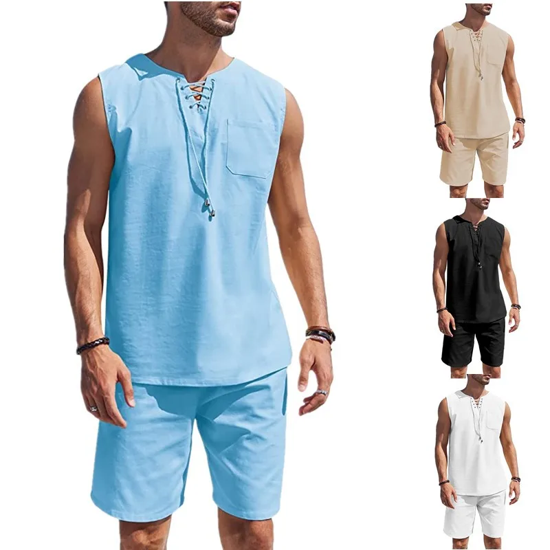 New 2024 Men\'s Summer Cotton Linen Sets Solid Short Sleeve Lapel Shirts and Shorts Sets Man Hawaiian Beach Holiday Clothing Sets