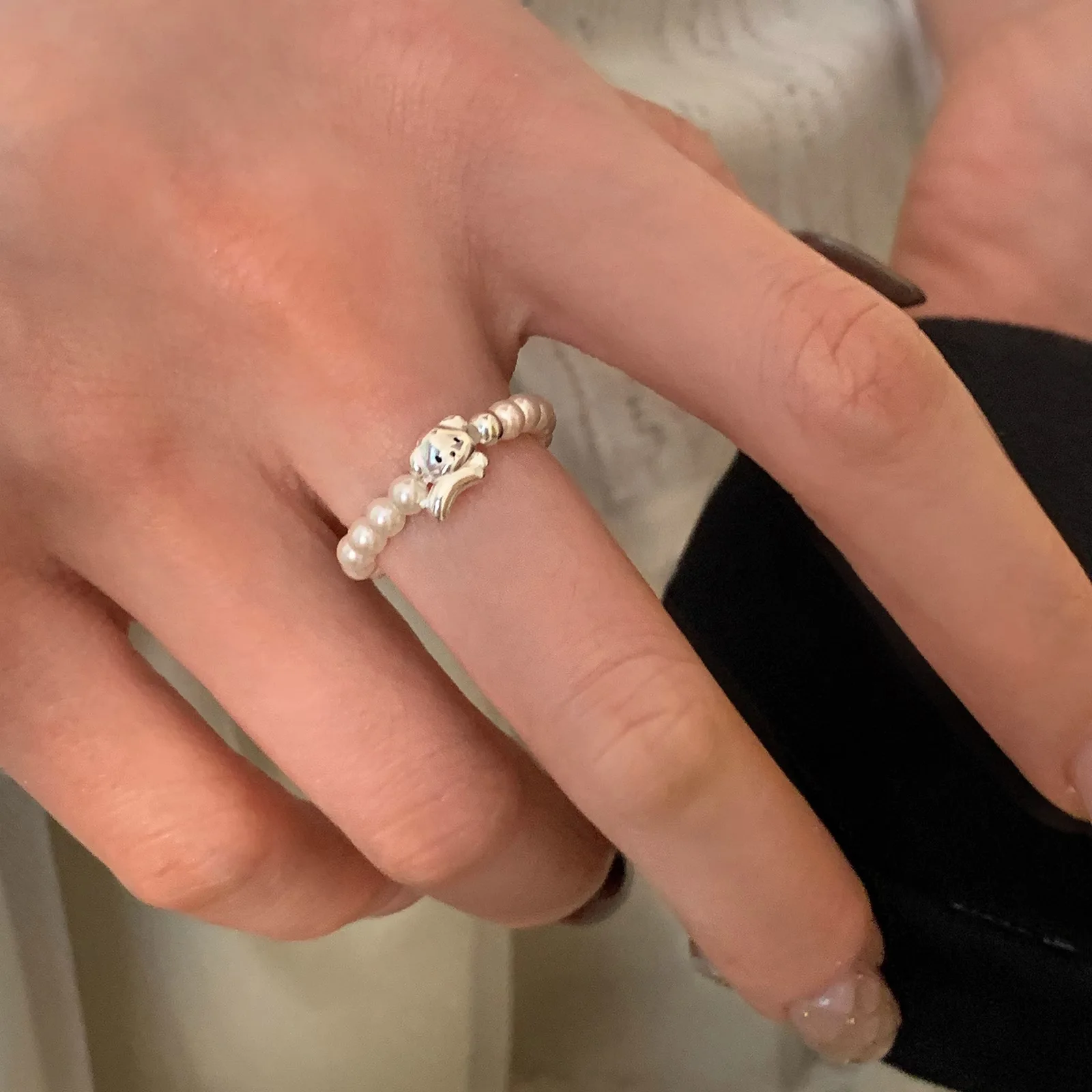 VENTFILLE 925 Sterling Silver Dog Pearl Ring For Women Irregular Beads Elastic Cute Sweet Design Jewelry Party Gift Dropshipping