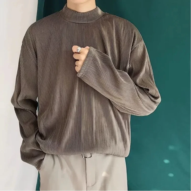 Korean Style Trendy Fashion Pleated Retro Men's 2024 New Patchwork Pullover O-Neck Fashion Solid Loose Casual Long Sleeved Tops