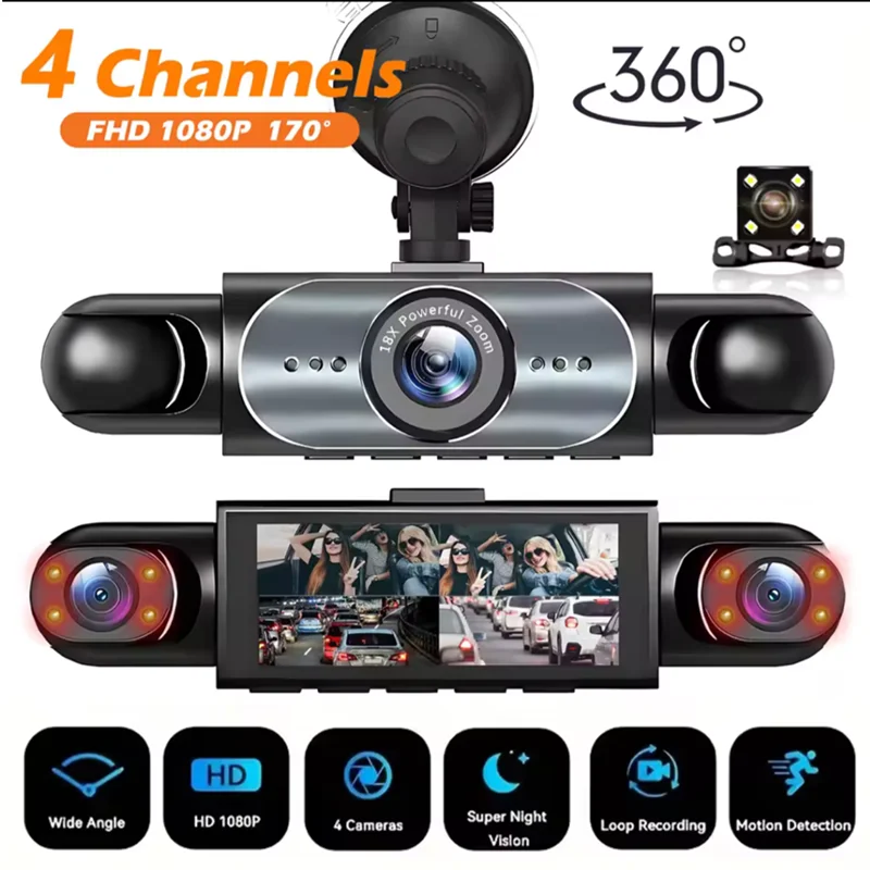

Автомобильный видеорегистратор с поворотом на 360 градусов и 4 объективами, видеорегистратор 1080P, видеорегистратор, 3/4 канала, передняя правая и левая дополнительная камера заднего вида, автомобильный аксессуар