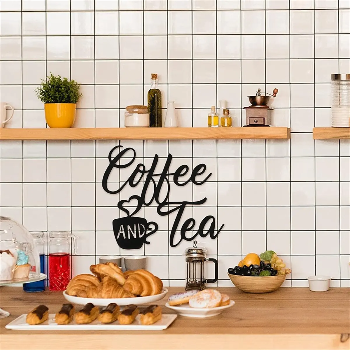 Coffee Sign and Tea Bar Metal Hanging Wall Art Black Cup Decor Letter for Cafe Farmhouse Kitchen-A79M