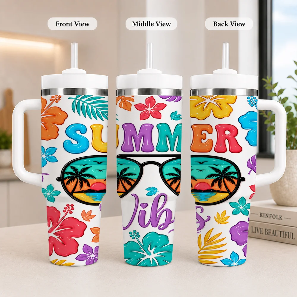 Summer Time Vacuum Flasks 40oz Leakproof Steel Tumbler w/ Lid Straw Handle Hot Cold Drinks