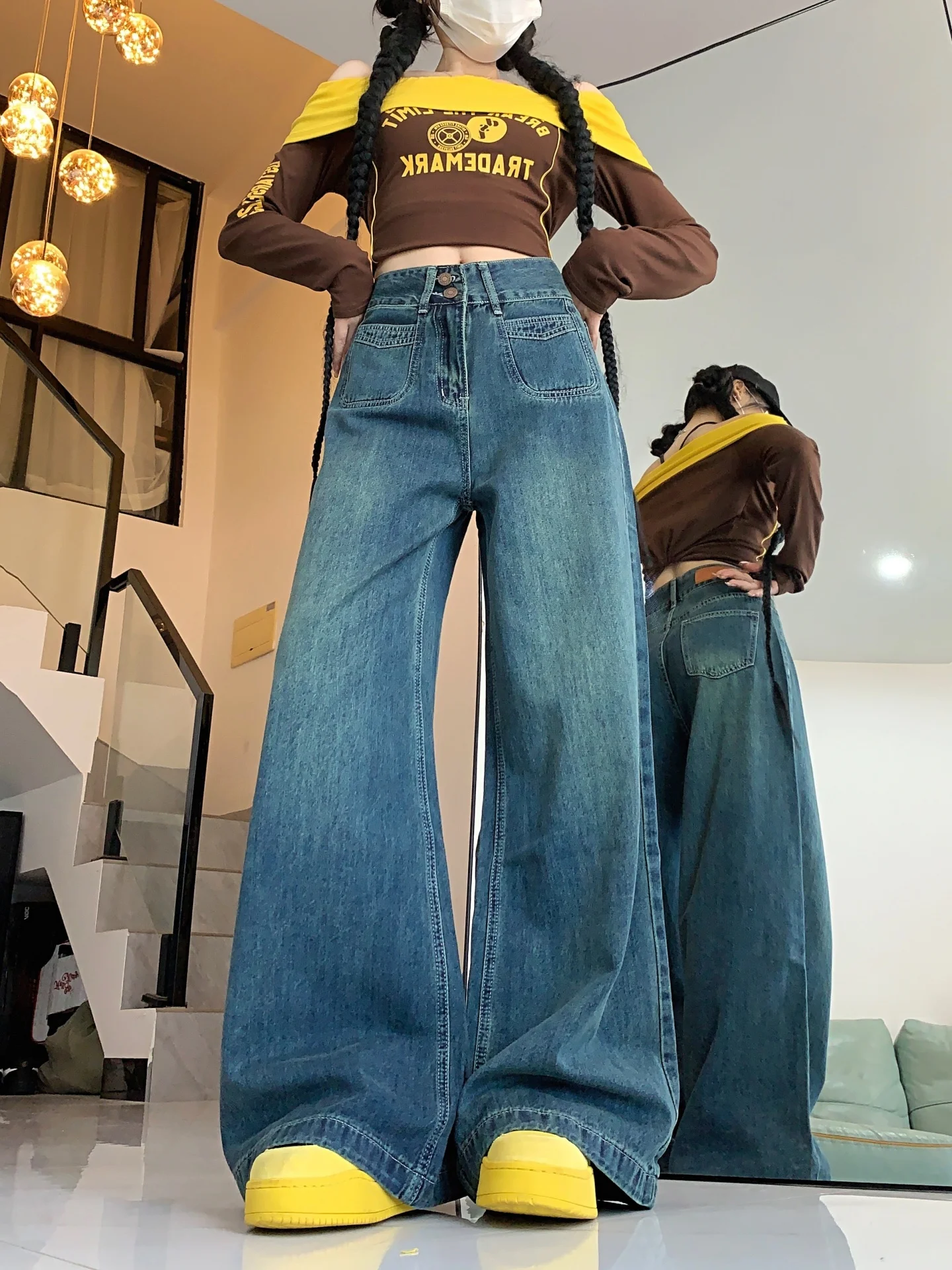 بالإضافة إلى حجم Fce اصطف ثي الدينيم السراويل النسائية الخريف الشتاء فضفاضة عالية الخصر ضئيلة مستقيم واسعة الساق الجينز ل الكمثرى aped...