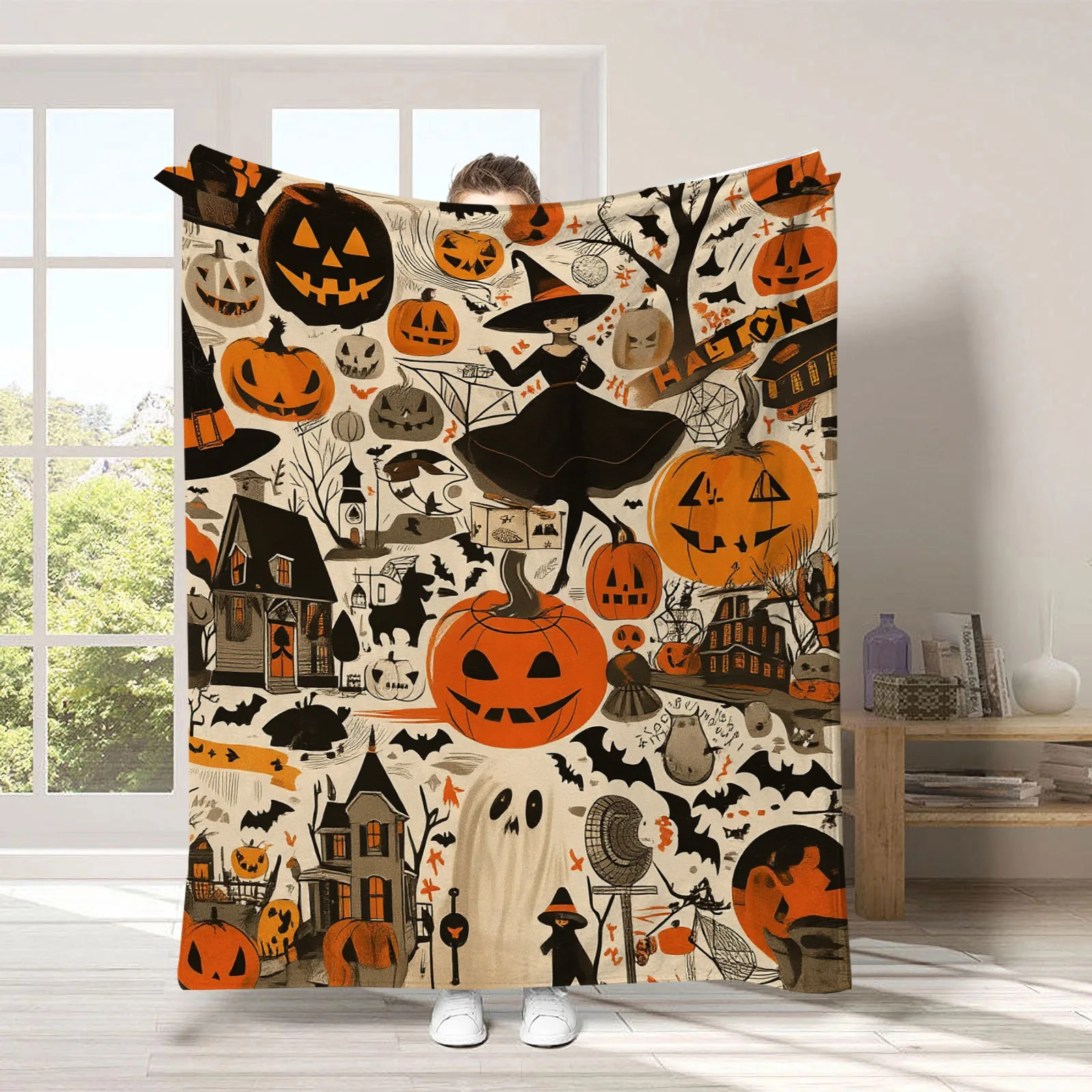 Gruselige schwarze Halloween-Flanelldecke mit Geistern, weiche Universaldecke, multifunktionale Dekorationsdecke, Weihnachtsgeschenk – Detail 5