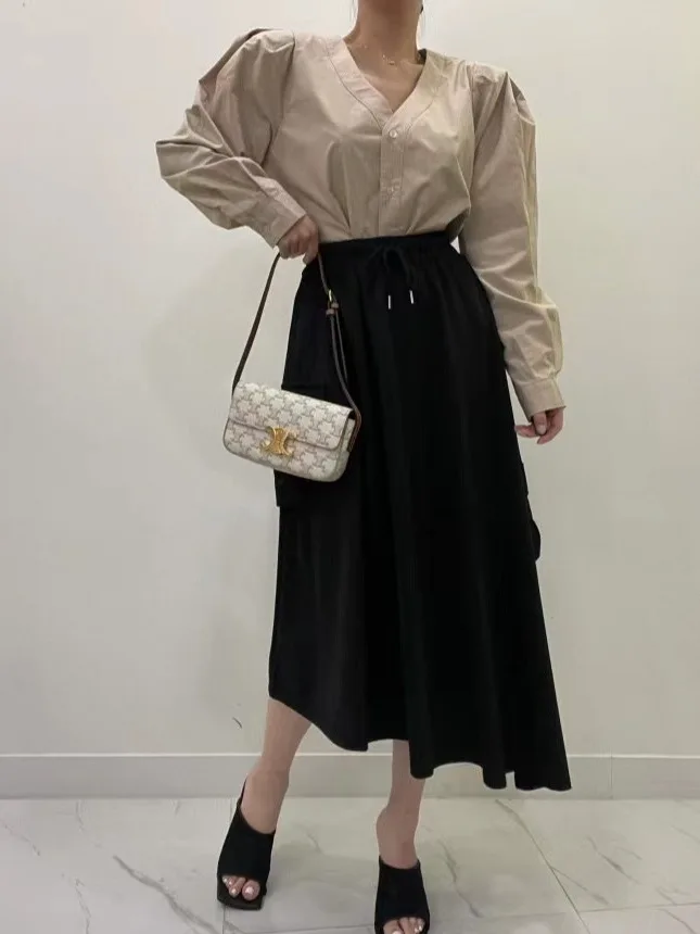 

Ele Vintage Simple V-ne Bubble Sve irt Женские High Faion Loose Personali Matching irt Commute Long Sve