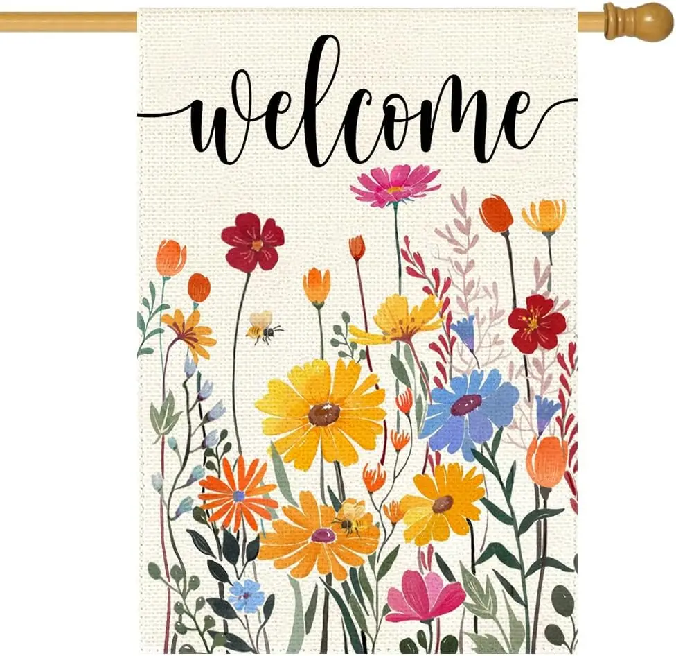 Spring Summer House Flag 28x40 Inch Double Sided Outside Welcome Wildflower Daisy Floral Outdoor Seasonal Decorative Large G EEZ