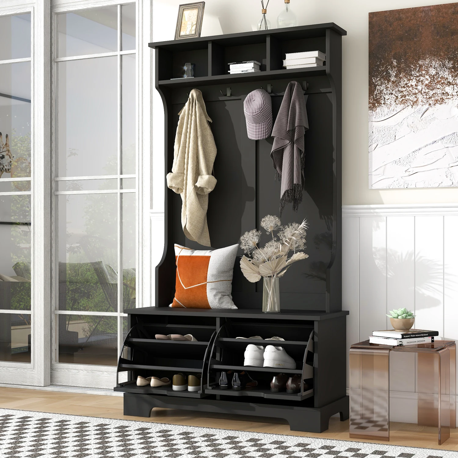 ON-TREND All in One Hall Tree with 3 Top Shelves and 2 Flip Shoe Storage Drawers, Wood Hallway Organizer with Storage Bench and