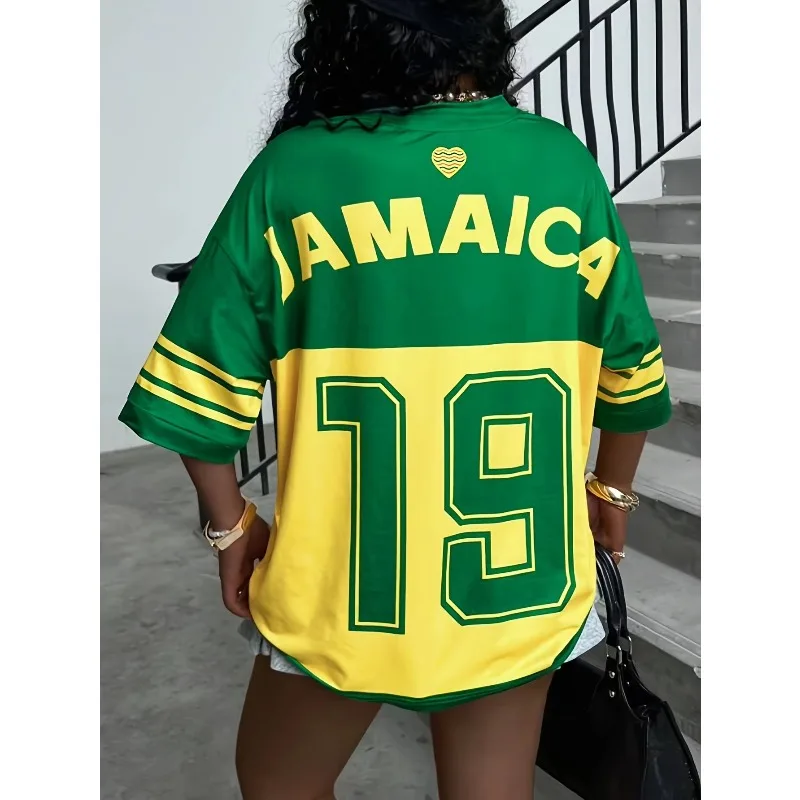 2026 Women's JamaicanNo.19 Jersey V-Neck T-Shirt Yellow And Green Block Combination Sports Top Breathable And Casual Summer Wear