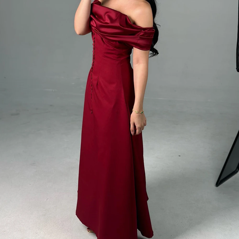 

Customized Jersey A-Line Off the Shoulder Buttons Evening Dress Boat Neck Floor Length Short Sleeves Burgundy платье вечернее