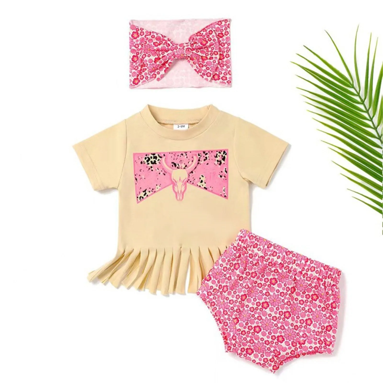 Infant Girls Summer Outfits Cow Head Print Short Sleeve Tassel T Shirt Pullover Tops+Pink Floral Print Shorts With Hairband Sets