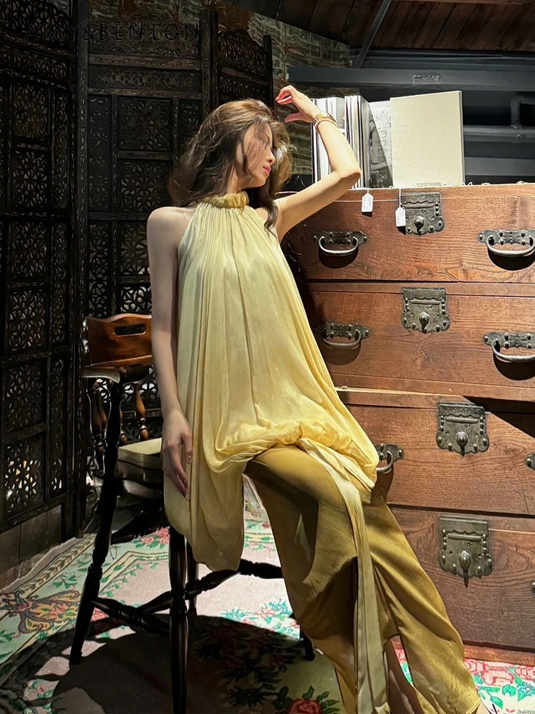 

2025 Summer New Women's Yellow Halter Neck Sleeveless Loose Tank Dress A-Line Flower Bud Bodycon Slit Long Dress