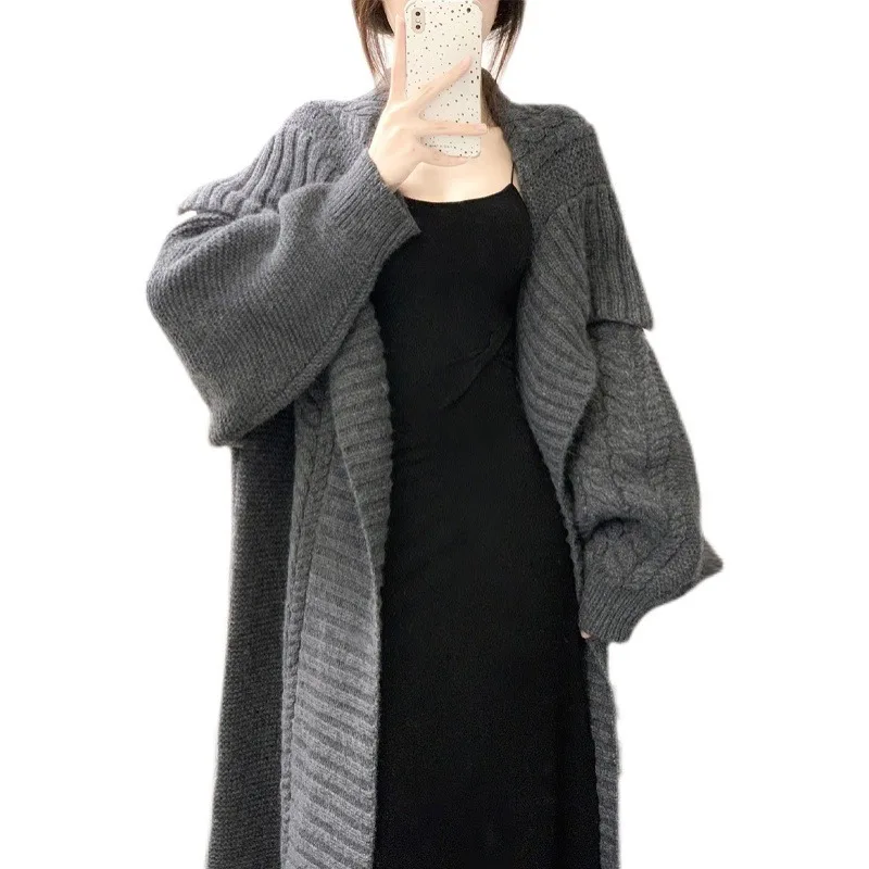 Fried Dough Twists long sweater women cardigan autumn and winter 2023 new lapel loose thickened knitting coat coat