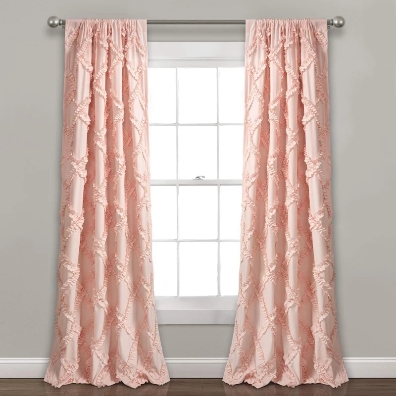 Blush Ruffle Diamond Curtains Textured Window Panel Set for Living, Dining Room, Bedroom (Pair), 84” x 54