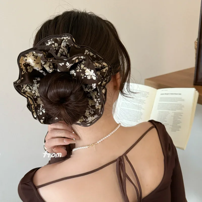 Retro Französischer Stil Blumenbedruckte Große Scrunchies Damen Dutt-Haarblume Hochelastische Pferdeschwanz-Haarbänder Haaraccessoires